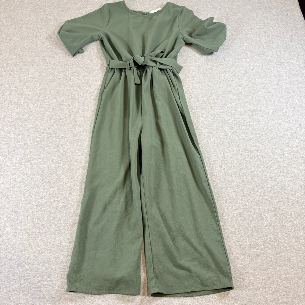H&M Jumpsuit Girls Size 8 Green Short Sleeve Belted Wide Leg Textured Crepe